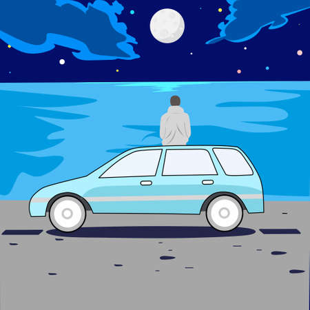 vector design, illustration of a man sitting on top of the car while looking at the night skyのイラスト素材
