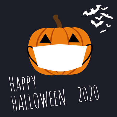 illustration vector graphic of happy halloween 2020 with a pumpkin wear white mask. Perfect for your poster, etcのイラスト素材