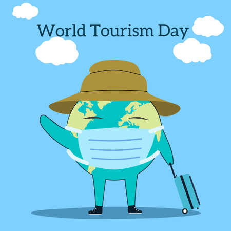 Illustration vector graphic of cartoon illustration of the earth wearing a mask while waving and carrying a suitcase with flat design. Good for your web, poster, etcのイラスト素材