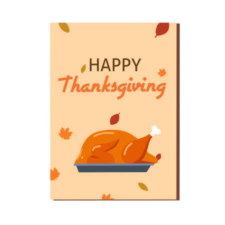 Flat illustration of thanksgiving card with roasted turkey cartoonのイラスト素材