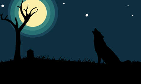 silhouette of a wolf howling at the moon with tree and a headstoneのイラスト素材