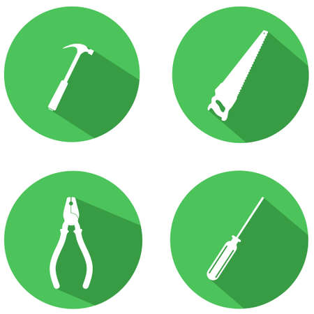 Silhouette of carpenter tools with long shadow on green circle. Good for icon, repair sign, etcのイラスト素材