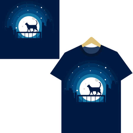 Illustration of t-shirt design with cat silhouette walking on balcony at night. Good for your t-shirt, clothes, etcのイラスト素材