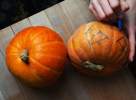 Drawing a drawing on a pumpkin for Halloween.の写真素材