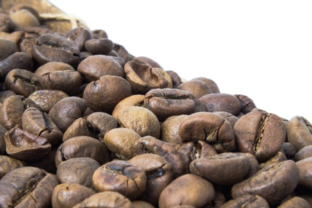 coffee beans, wooden plate on white background