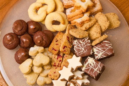 Selection of Christmas Cookies on a glass plateの写真素材