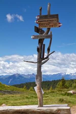Sign post in the mountains in South Tyrol, Italyの写真素材