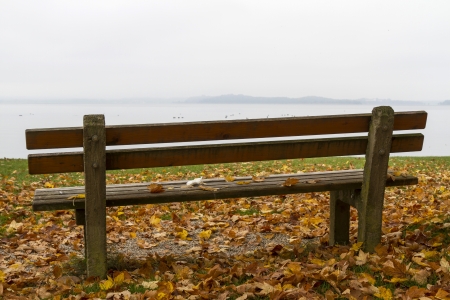 Park bench on lake Chiemsee, Germany, in autumnの写真素材