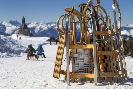 Toboggans on a mountain top in Bavaria, Germanyの写真素材