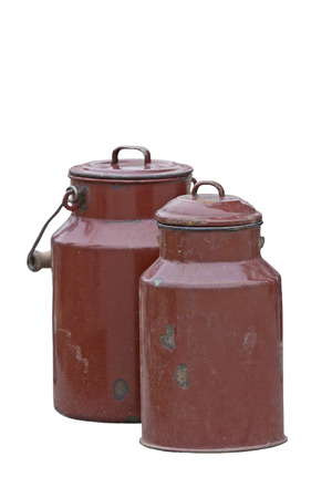 Two used milk jugs isolated on white backgroundの写真素材