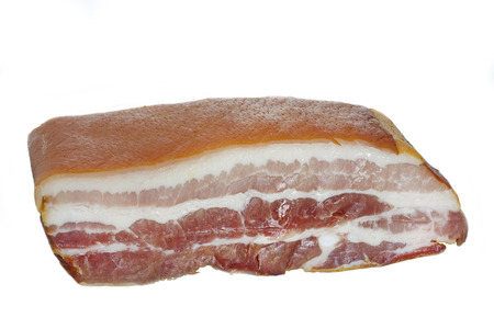 Large piece of smoked bacon on white Backgroundの写真素材