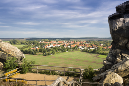 View to the town of Weddersleben from the devil's wall, Germanyの写真素材