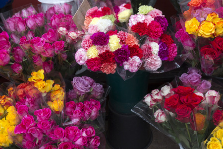 Fresh roses in front of a flower shopの写真素材