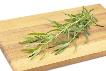 Fresh french tarragon on brown wooden boardの写真素材