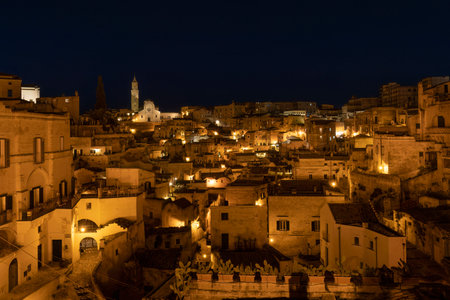 Night shot of Matera in Apuglia, Italyの写真素材