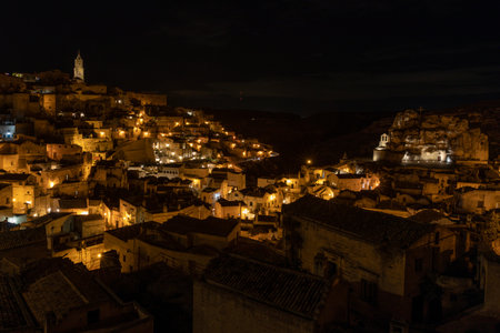 Night shot of Matera in Apuglia, Italyの写真素材