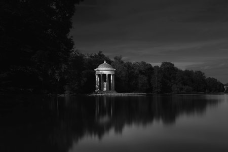 Temple of Apollo in Nymphenburg Park, Munich, Germany, in black and white fineartの写真素材