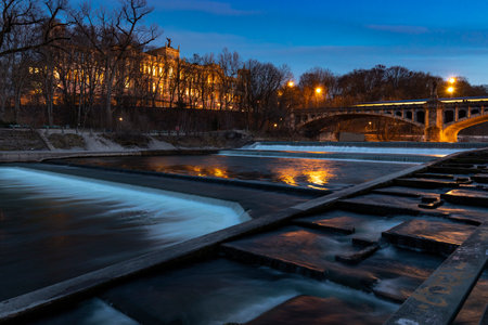 Maximiliansbridge with Maximilianeum in Munich at the blue hourの写真素材