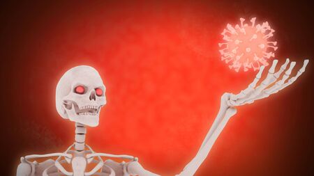 skeleton representing the danger of death, raises the dangerous corona virus with one hand, Covid...