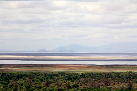 Waterhole in the steppe with mountains in the backgroundのeditorial素材