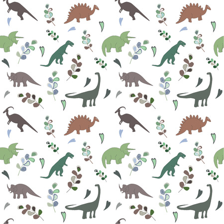 Seamless pattern with multicolors dinosaurs and leaf on the white background. green colorのイラスト素材
