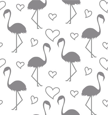 Seamless pattern with flamihgo and hearts on the white background. Monochrome backgroundのイラスト素材
