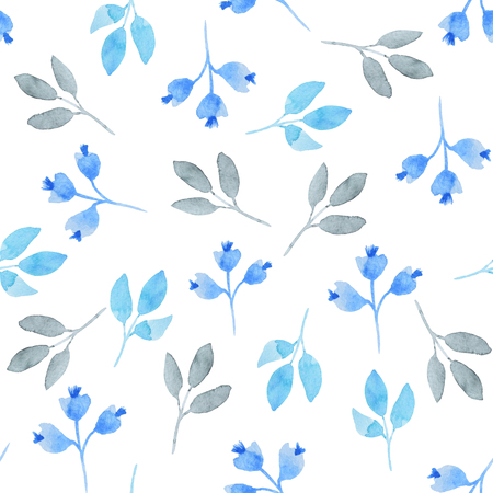 Watercolor pattern of blue leaves on the white backgrounの写真素材