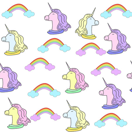 Seamless pattern with unicorns and rainbow. Magic horse on the white backgroundのイラスト素材
