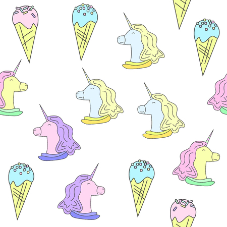 Seamless pattern with unicorns and ice-cream. Magic horse on the white backgroundのイラスト素材