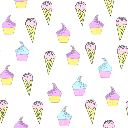 Illustration with ice-cream, donuts and cakes. Sweet dessert. Seamless pattern in flat style on white backgroundのイラスト素材