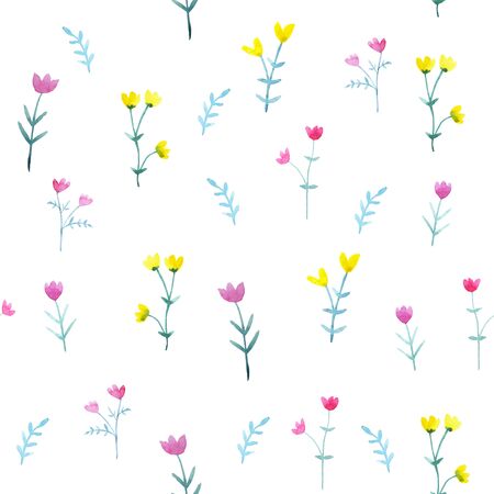 Watercolor seamless pattern with bright flowers and leaves. Floral backgroundの写真素材