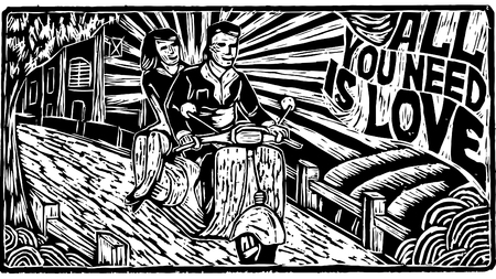 engraving illustration couple ride scooterのイラスト素材