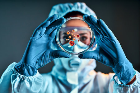 Research scientist in lab coat, safety goggles and rubber gloves testing specimen in petri dish in...