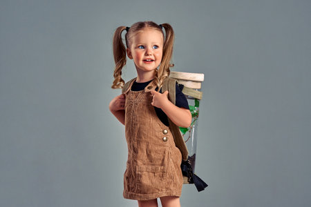 Earth day concept, little girl with plant in glass backpack isolated gray background. Copy spaceの写真素材
