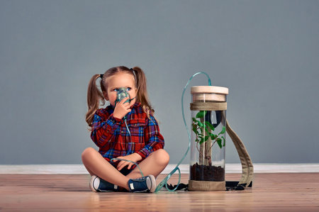 Cute little girl in is breathing through a mask. The concept of air pollution and the environment by...