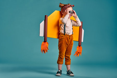 Kid pilot playing with toy jet pack at home. Success and leader concept. Isolated blue background. Copy spaceの写真素材