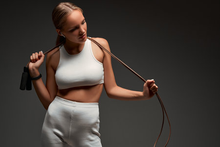 Healthy fit woman with jump rope around her neck, isolated gray background.