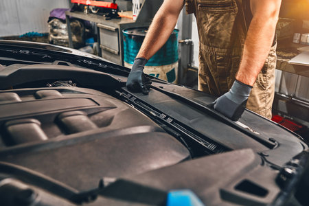 Mechanic examining under hood of car at the repair garage. Cropped image.の写真素材