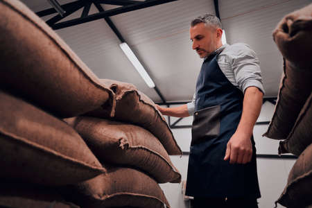 Roastery worker standing at pile of sacks with coffee beans and checking packaging quality.の写真素材