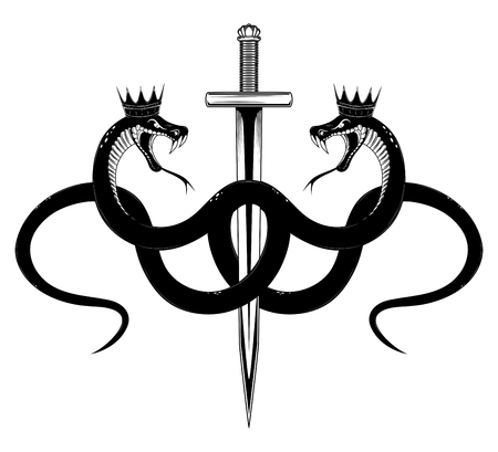 Vector image of a serpent in a crown with a sword. Black and white image on a white background.のイラスト素材