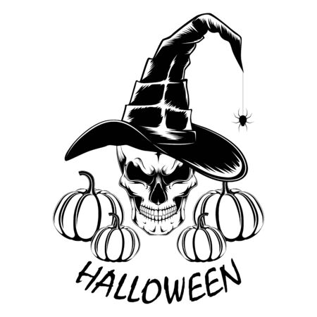 A skull in a witch hat with pumpkins. Black and white vector image of halloween.のイラスト素材