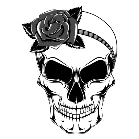 Vector image of a skull with a rose on the head.のイラスト素材