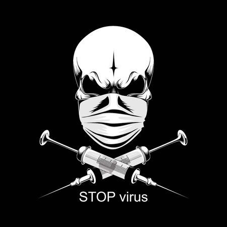 Skull in a medical mask with syringes. Vector image on a black background.のイラスト素材