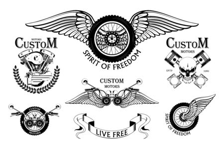 Set of moto emblems. Vector images of a motorcycle wheel, motorcycle steering wheel, pistons, moto engine.のイラスト素材