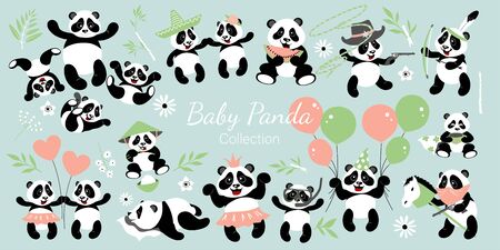 Set of cute kids pandas with balloons and toys. Vector illustration for children in cartoon style.のイラスト素材