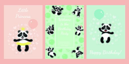 A set of postcards for children with the image of pandas. Design elements for cards, flyers, banners.のイラスト素材