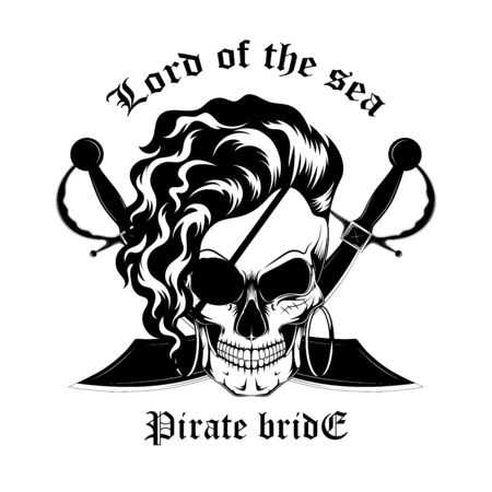 Black and white vector image of a skull of a pirate woman. The bride of the front door.のイラスト素材
