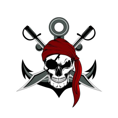 Skull of a pirate with sabers and an anchor. Vector image on a white background.のイラスト素材