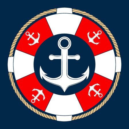 Vector image of white anchors and a lifebuoy. Marine image on a blue background.のイラスト素材
