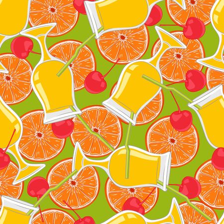 Seamless texture with the image of cocktails, cherries, oranges. Vector image on a green background.のイラスト素材
